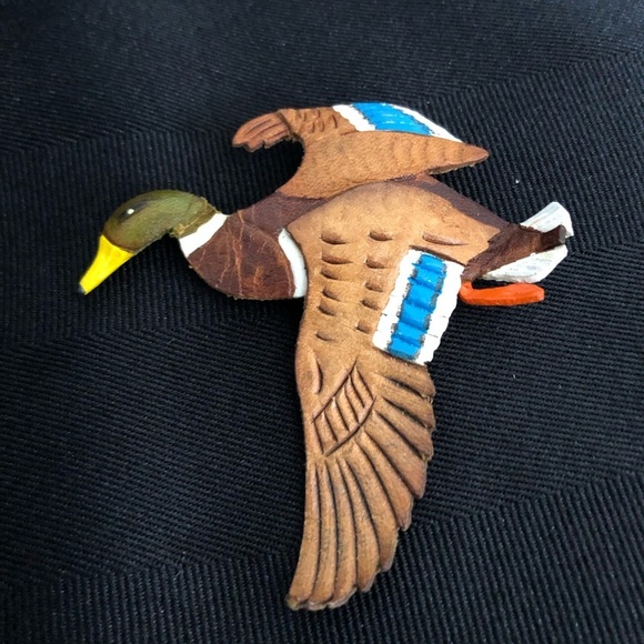 Vtg Tooled Leather Mallard Duck Brooch - Picture 10 of 12